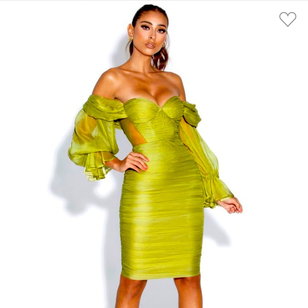 Serena olive green silk pleated Balloon Dress